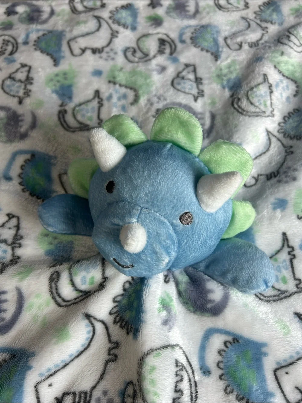 Baby Kiss Dinosaur Lovey Security Blanket Blue White Green Large Oversized Gray